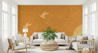 Wandbild Himmlische goldene Kraniche über friedlichen Hügeln