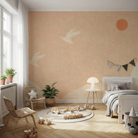 Minimalistisches Wandbild mit japanischen Kranichen bei Sonnenuntergang