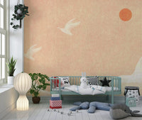 Minimalistisches Wandbild mit japanischen Kranichen bei Sonnenuntergang