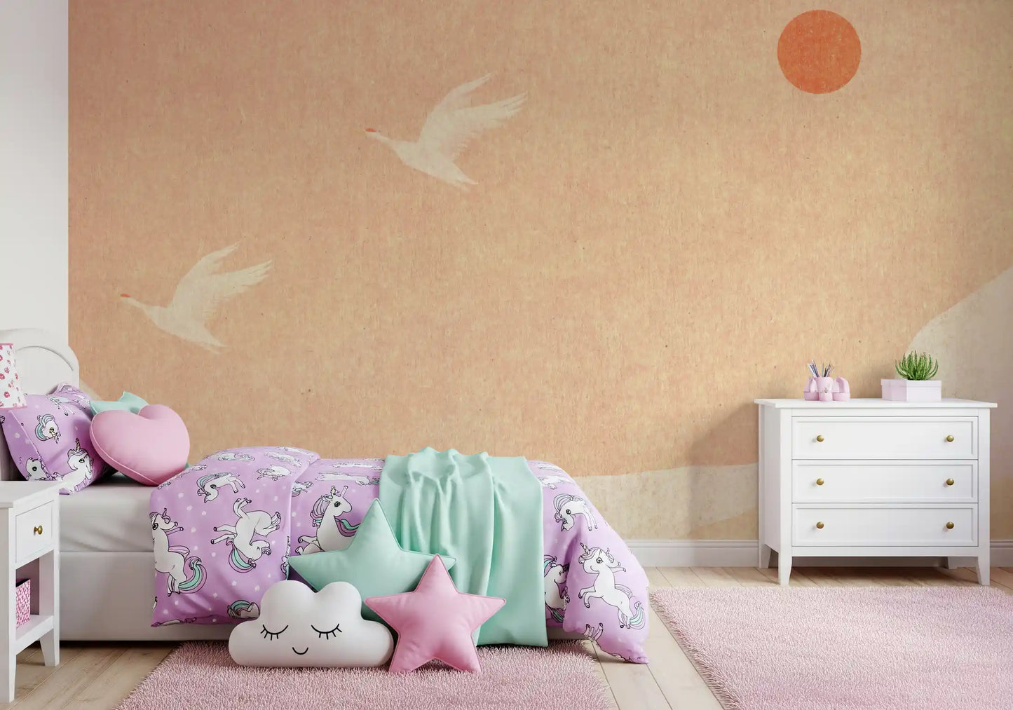 Minimalistisches Wandbild mit japanischen Kranichen bei Sonnenuntergang