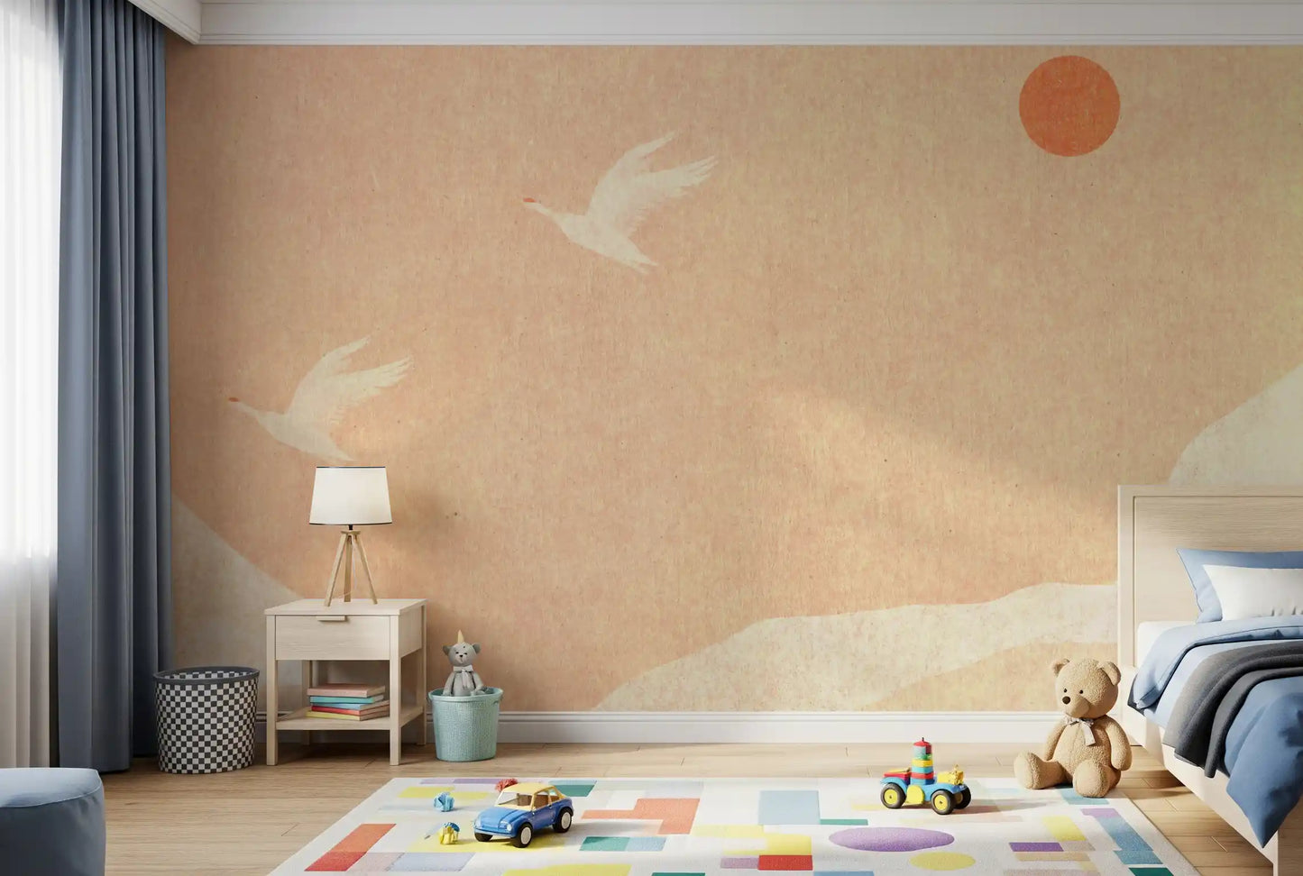Minimalistisches Wandbild mit japanischen Kranichen bei Sonnenuntergang