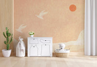 Minimalistisches Wandbild mit japanischen Kranichen bei Sonnenuntergang
