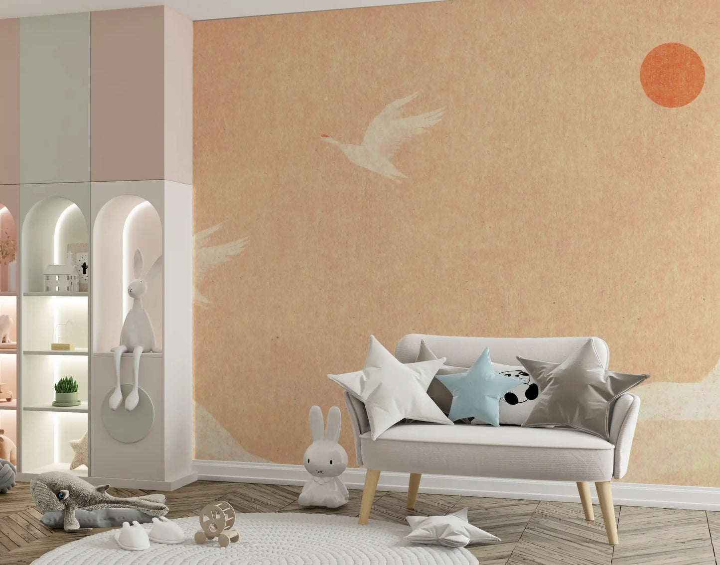 Minimalistisches Wandbild mit japanischen Kranichen bei Sonnenuntergang