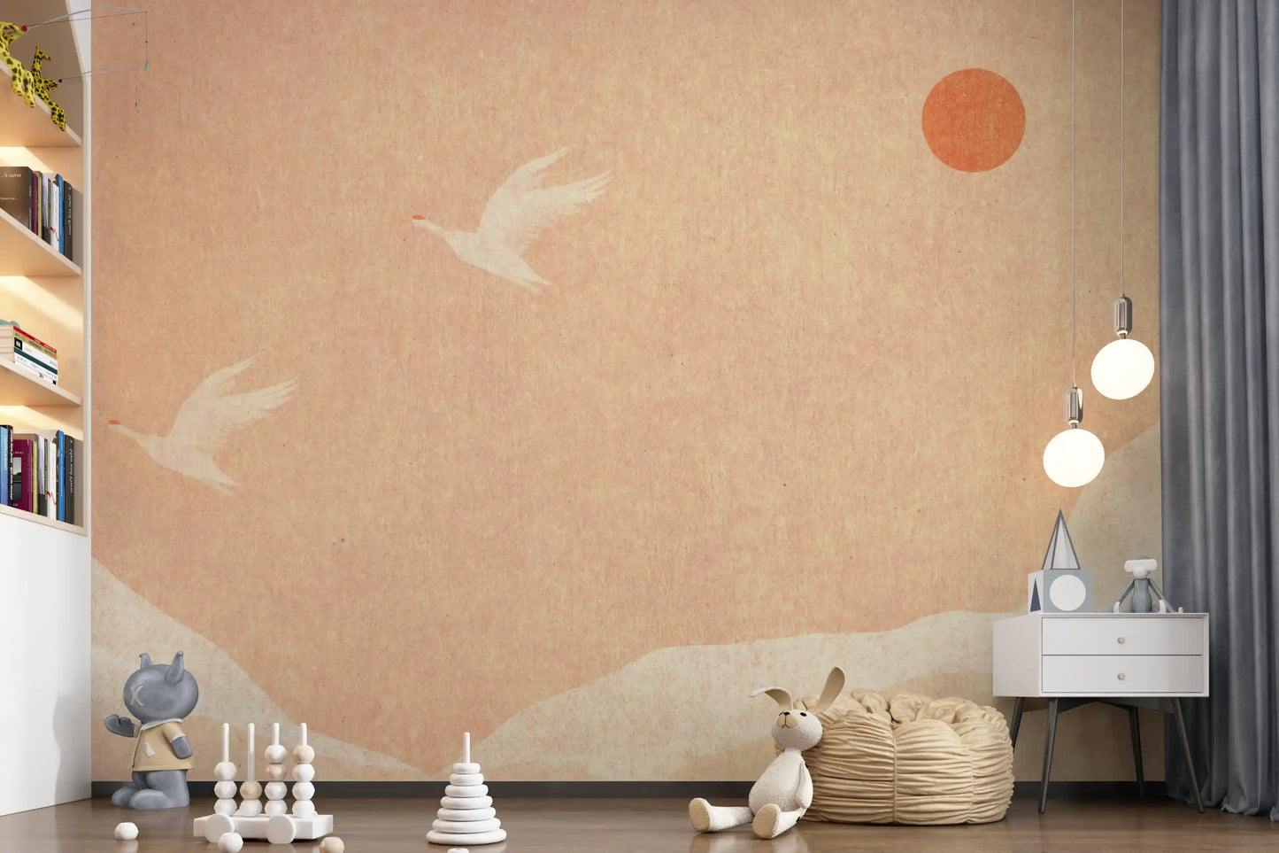 Minimalistisches Wandbild mit japanischen Kranichen bei Sonnenuntergang