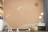 Minimalistisches Wandbild mit japanischen Kranichen bei Sonnenuntergang