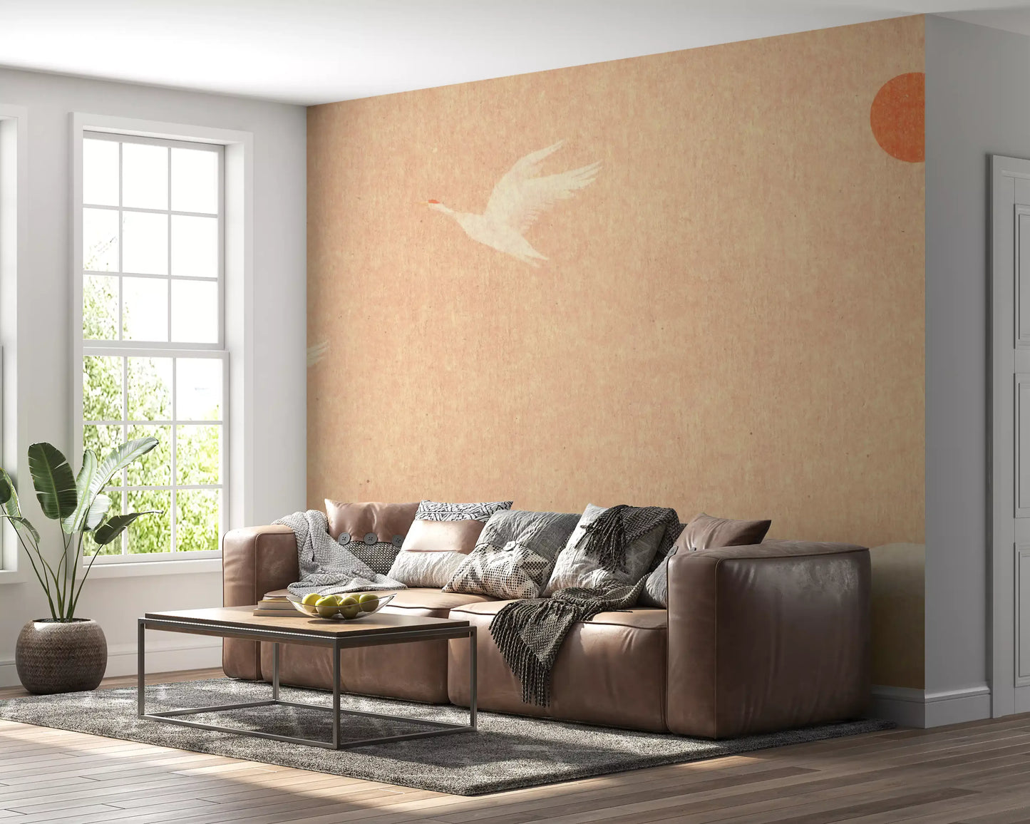 Minimalistisches Wandbild mit japanischen Kranichen bei Sonnenuntergang
