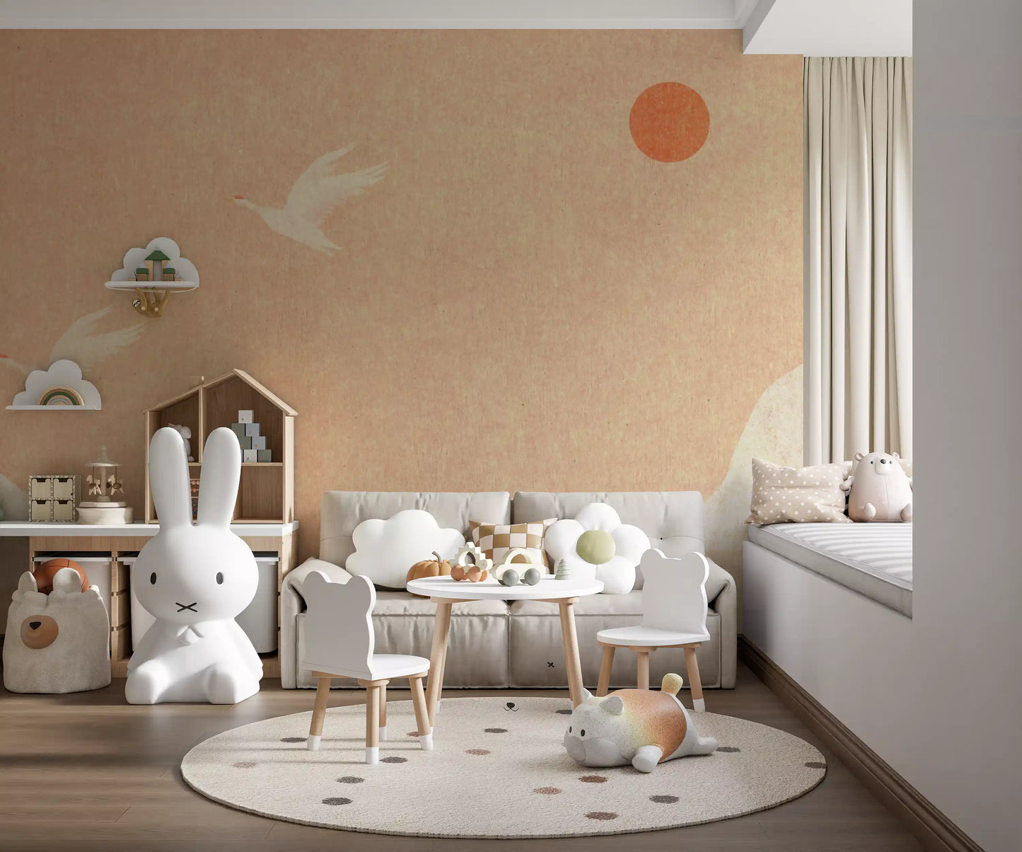 Minimalistisches Wandbild mit japanischen Kranichen bei Sonnenuntergang