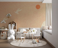 Minimalistisches Wandbild mit japanischen Kranichen bei Sonnenuntergang