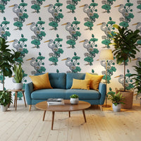 Reiher im Weißen Lotusgarten auf weißem Tapetenhintergrund