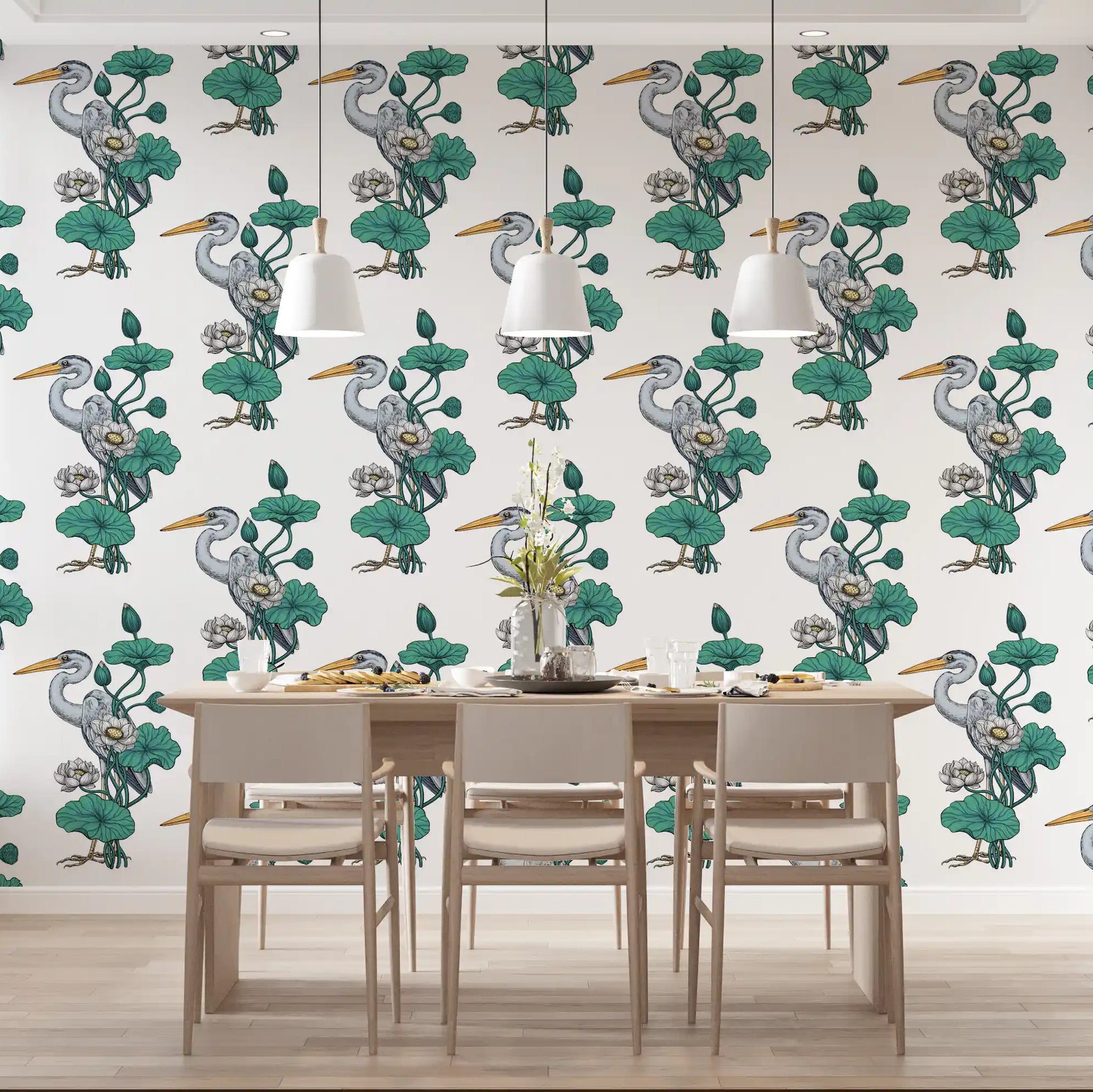 Living room styled with the Heron Lotus Garden wallpaper GD11009