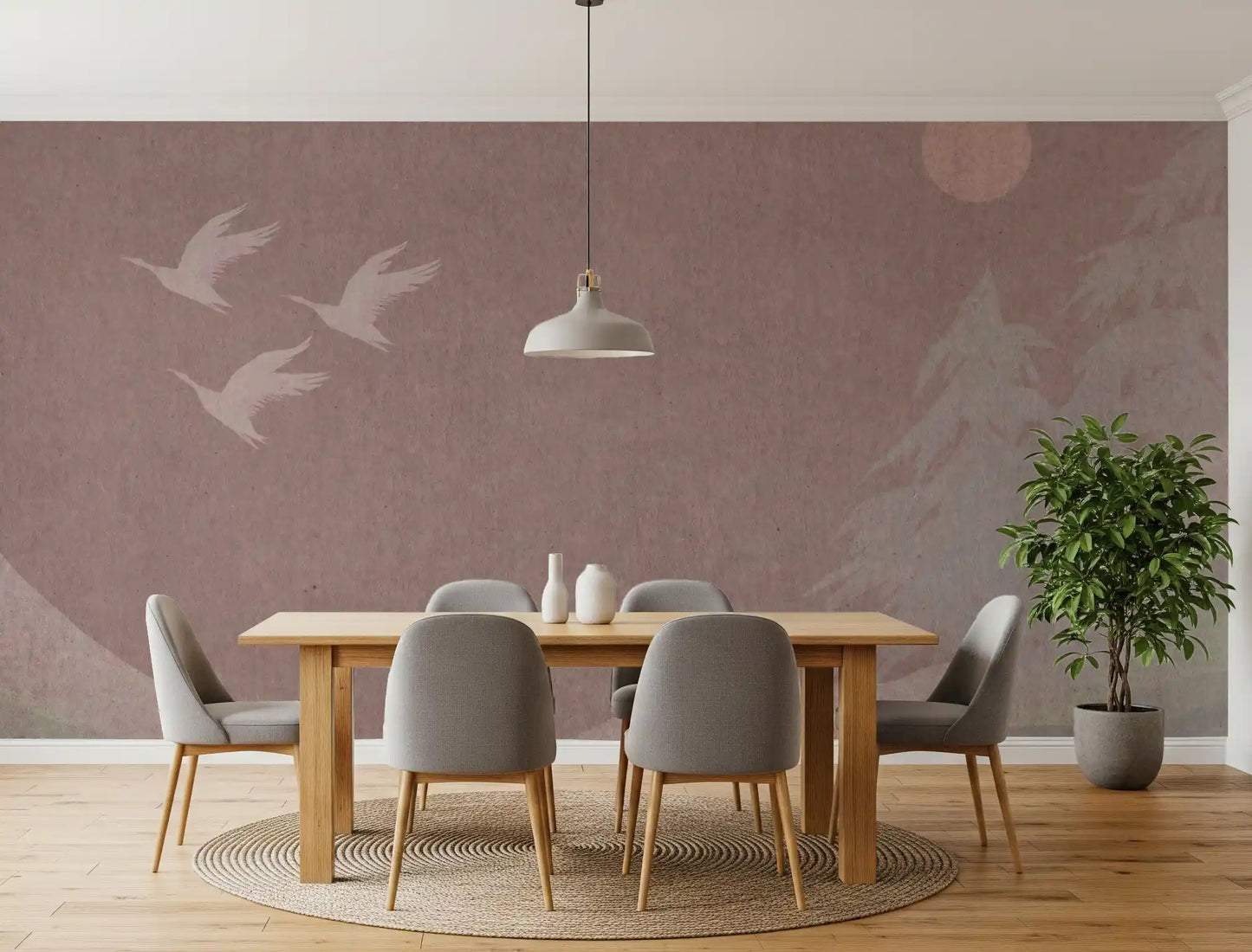 Minimalistiske japanske traner i blush mauve vægmaleri