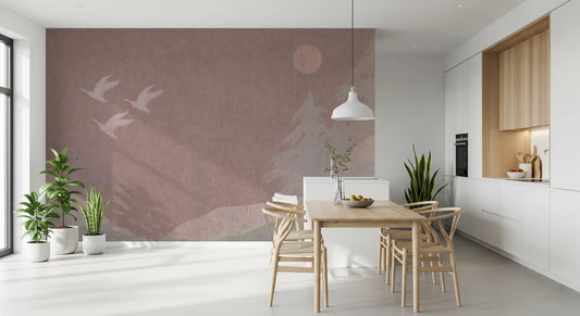 Fresque murale minimaliste de grues japonaises en mauve rosé