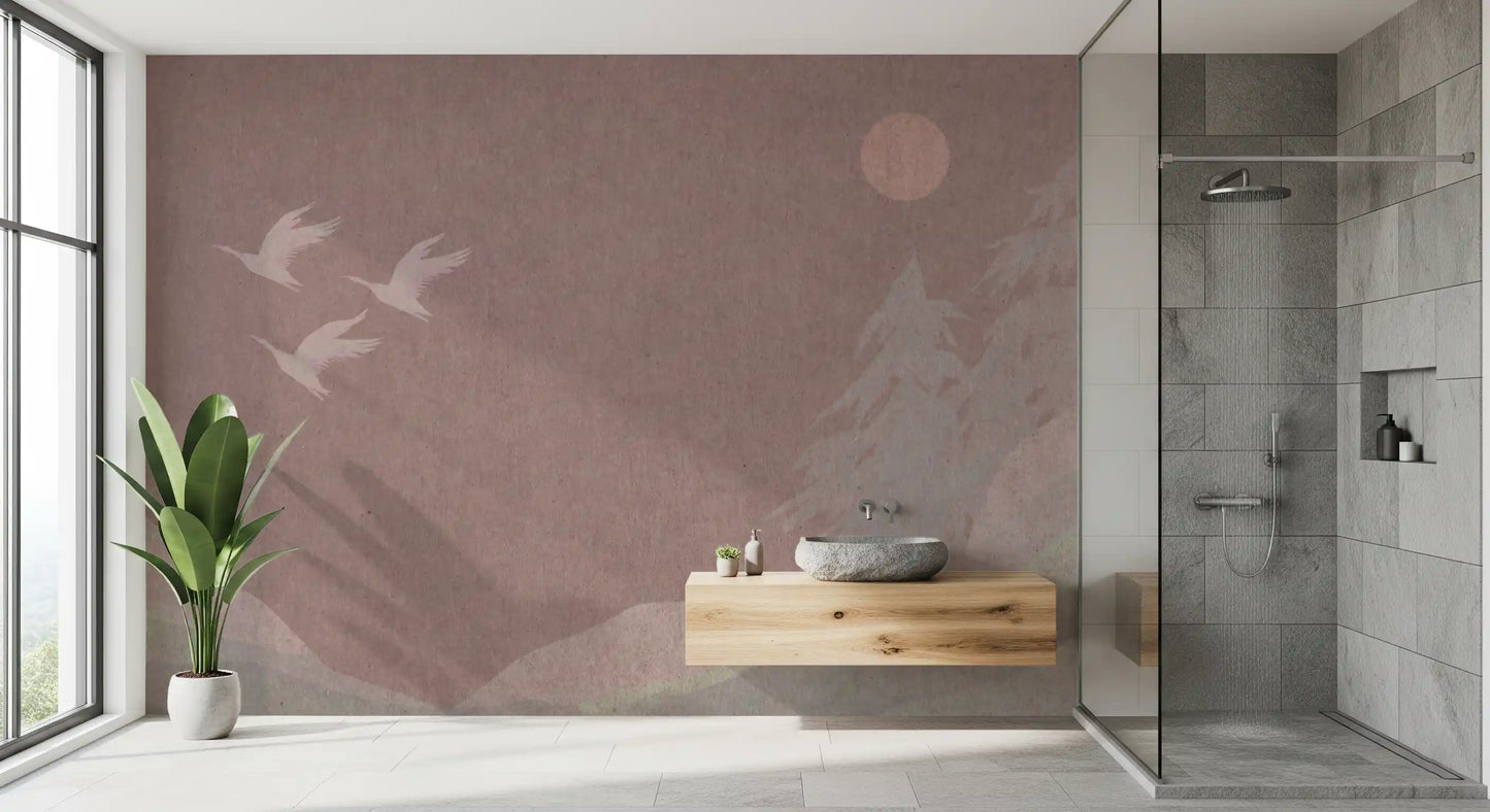 Minimalistiske japanske traner i blush mauve vægmaleri