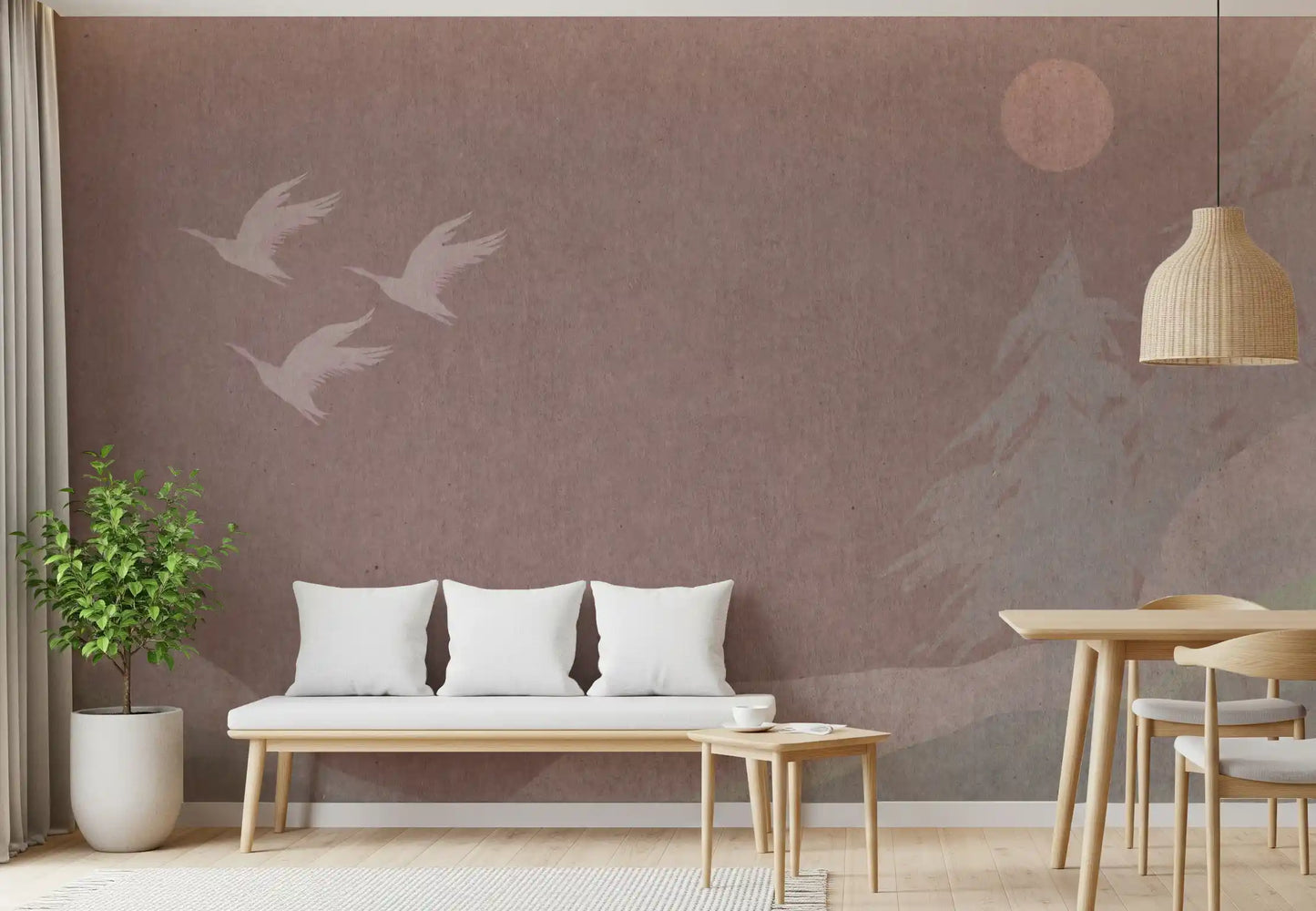 Minimalistiske japanske traner i blush mauve vægmaleri