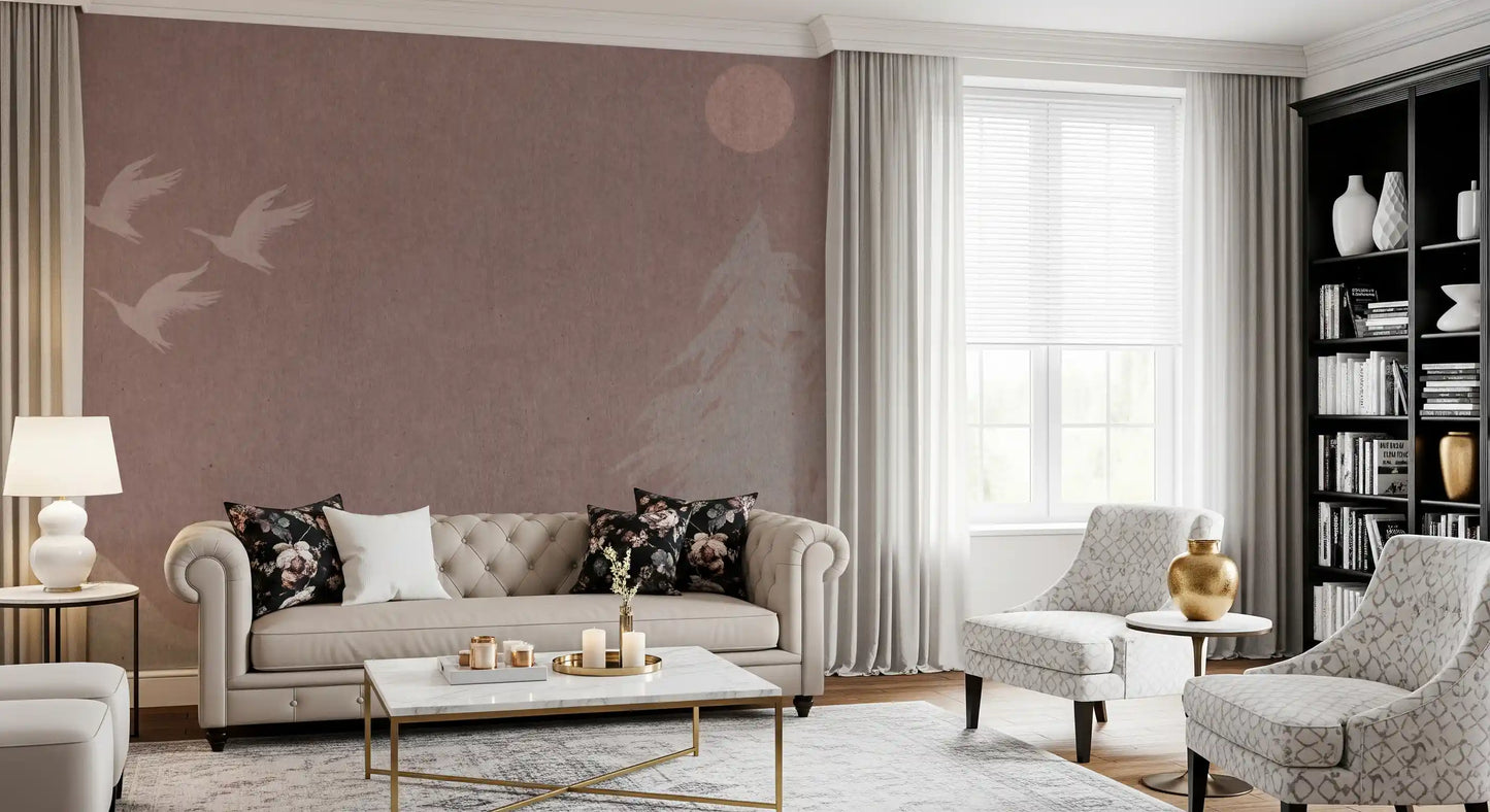 Minimalistiske japanske traner i blush mauve vægmaleri