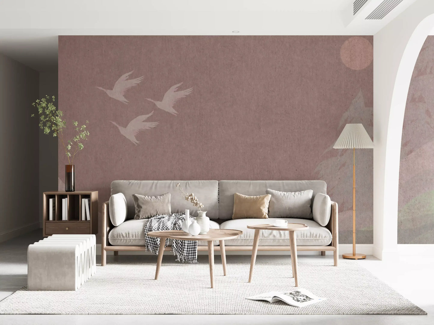 Minimalistiske japanske traner i blush mauve vægmaleri