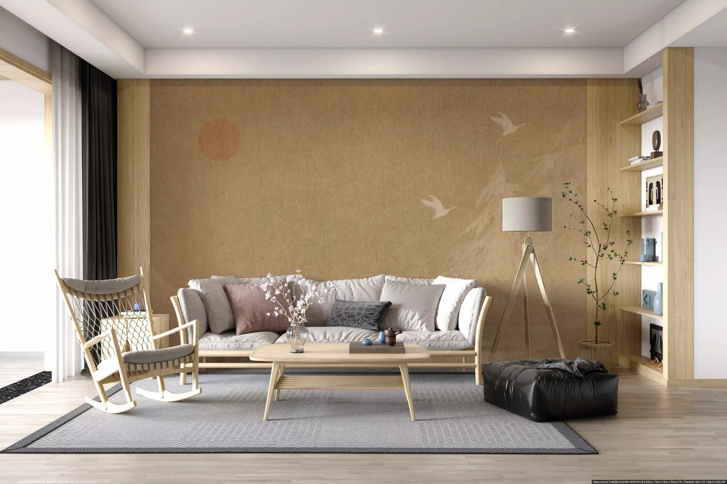 Minimalistisches Wandbild mit orientalischer Sonne und Kiefern
