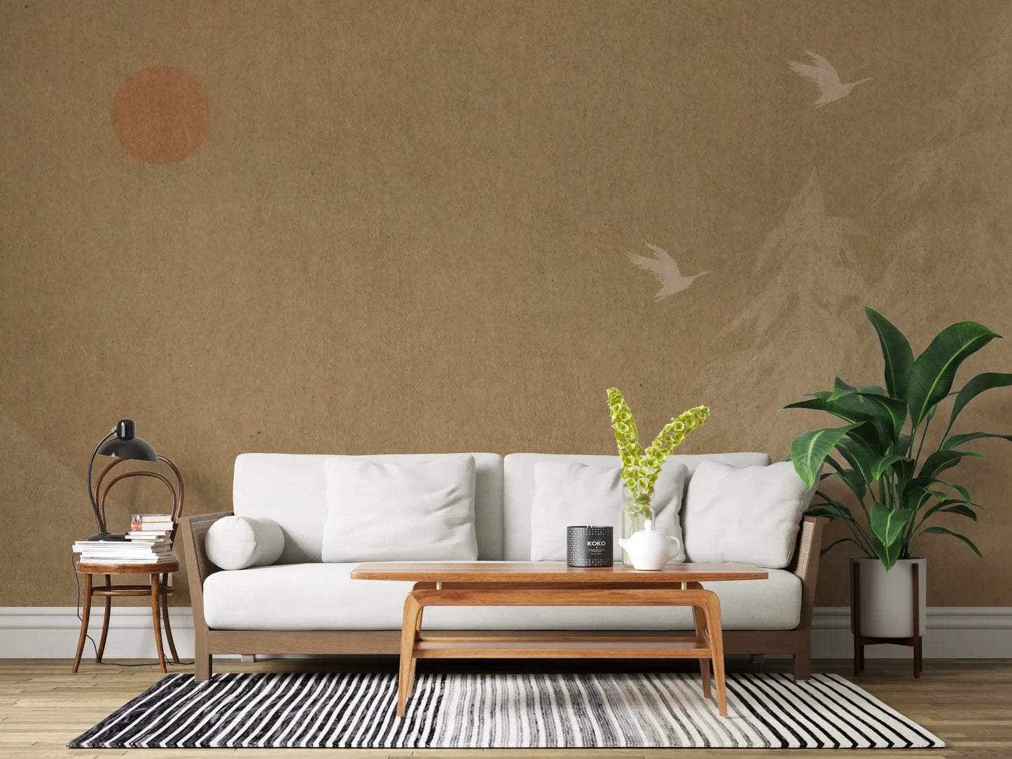 Minimalistisches Wandbild mit orientalischer Sonne und Kiefern