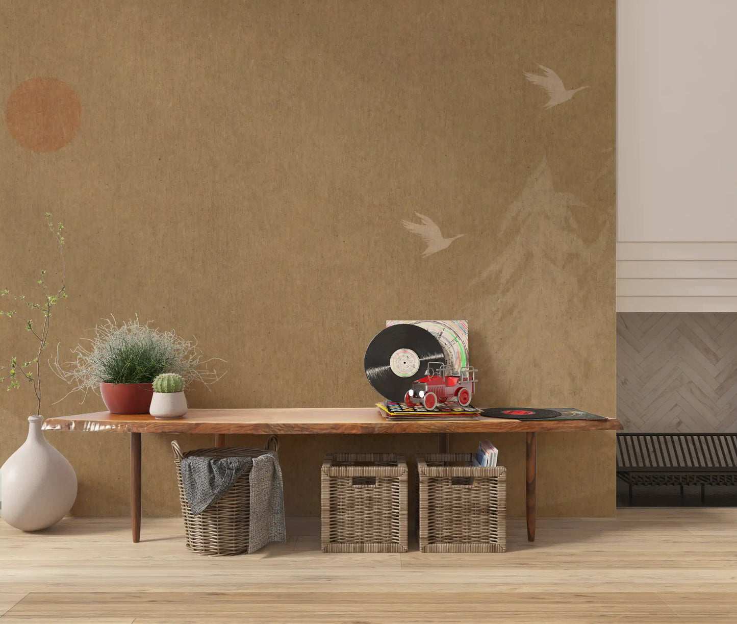 Minimalistisches Wandbild mit orientalischer Sonne und Kiefern