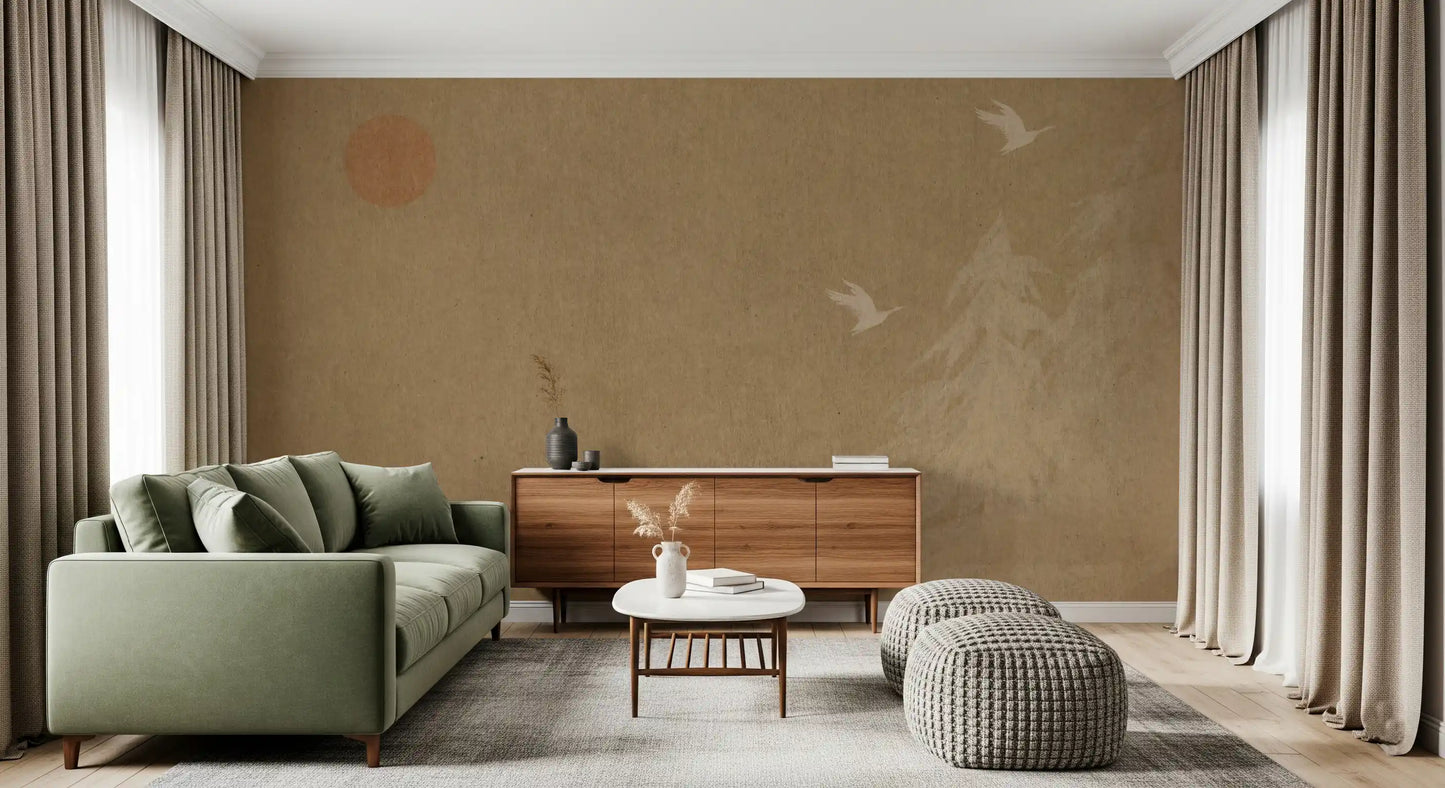 Minimalistisches Wandbild mit orientalischer Sonne und Kiefern