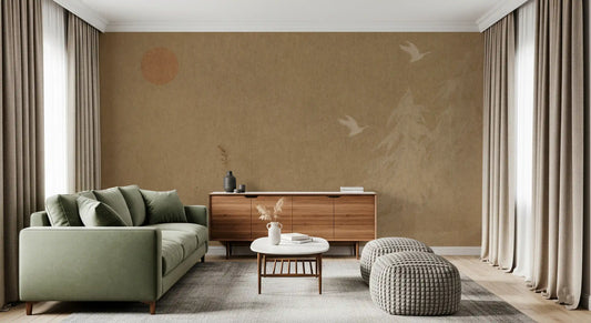 Fresque murale minimaliste Soleil oriental et pins