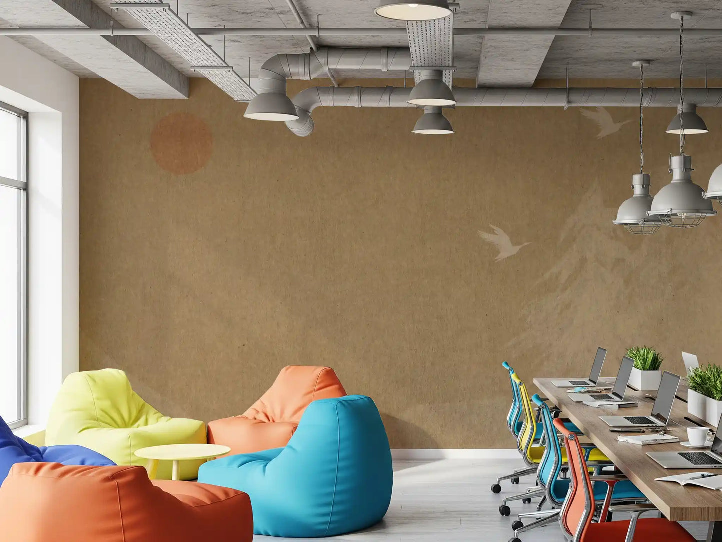Minimalistisches Wandbild mit orientalischer Sonne und Kiefern