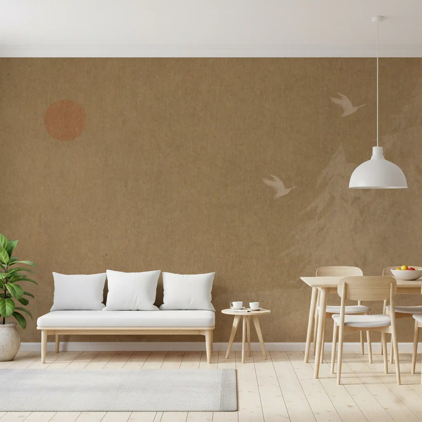 Minimalistisches Wandbild mit orientalischer Sonne und Kiefern