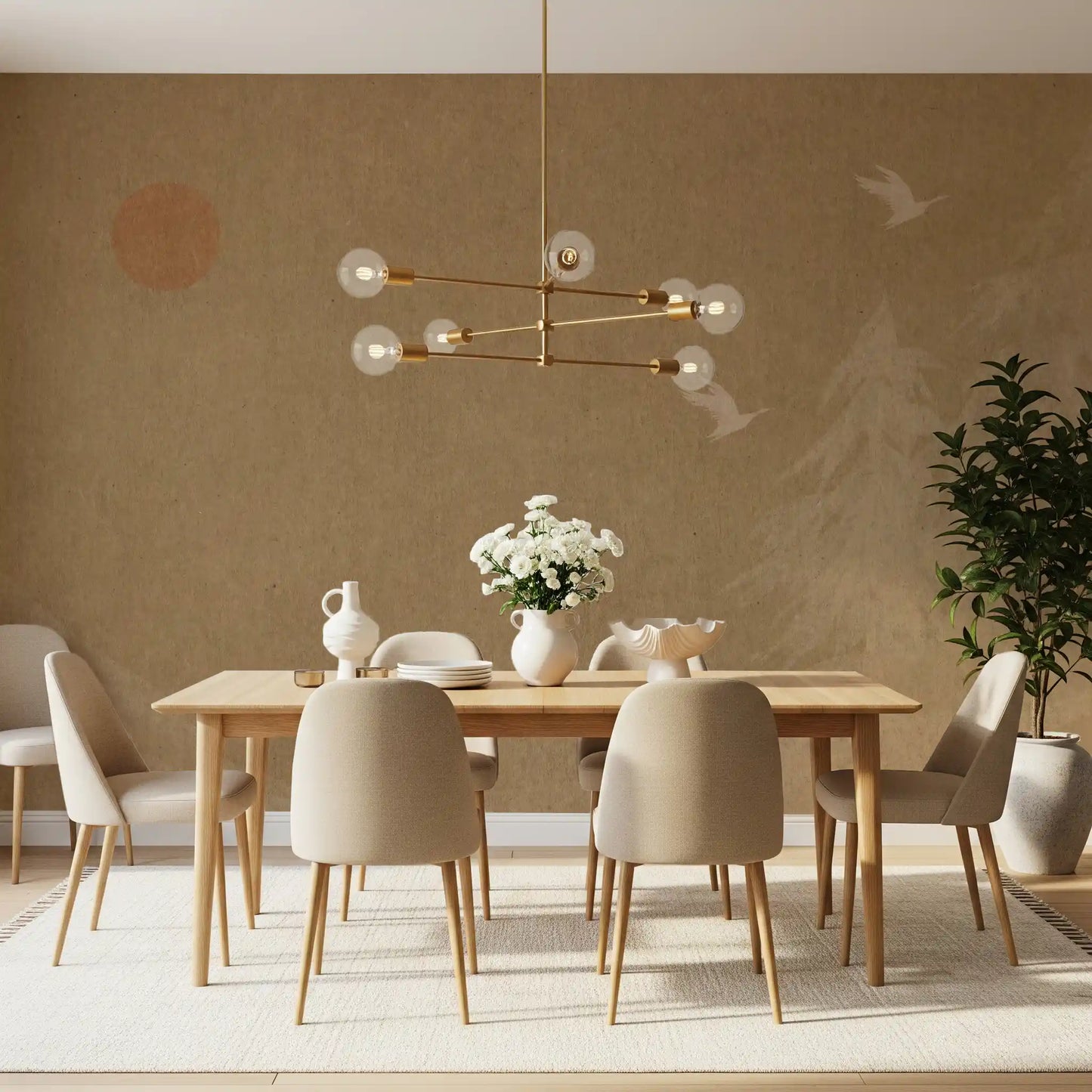Minimalistisches Wandbild mit orientalischer Sonne und Kiefern