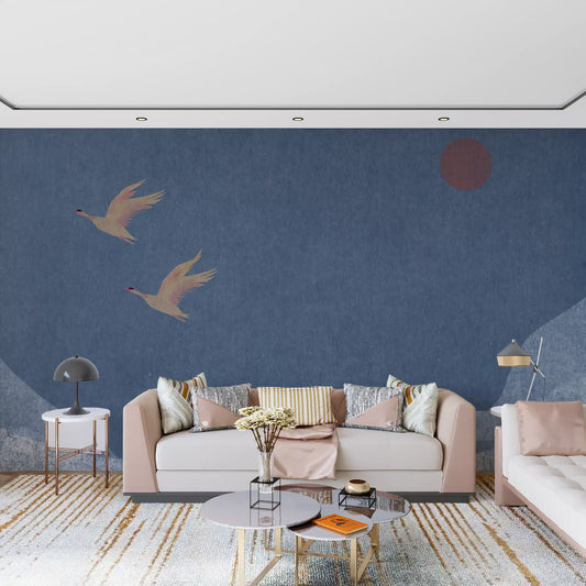 Papier peint panoramique Oiseaux en plein vol au-dessus de collines texturées