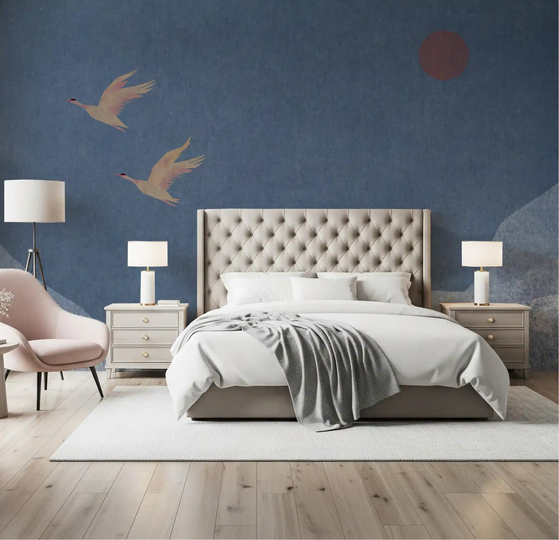 Soaring birds over textured hills wall mural behind a bedroom feature area, GD11017
