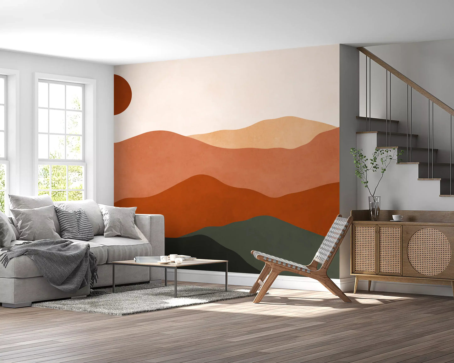 Murale da parete Tramonto Colline di Terracotta e Sole Ocra