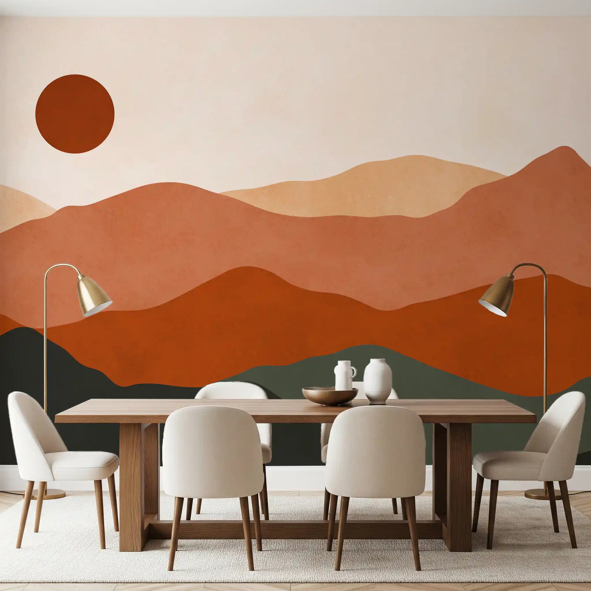 Terracotta hills wall mural glowing over a warm dining room, GD11018
