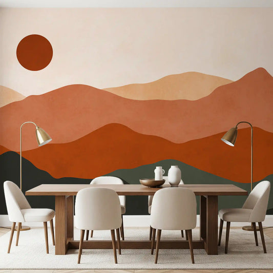 Terracotta hills wall mural glowing over a warm dining room, GD11018
