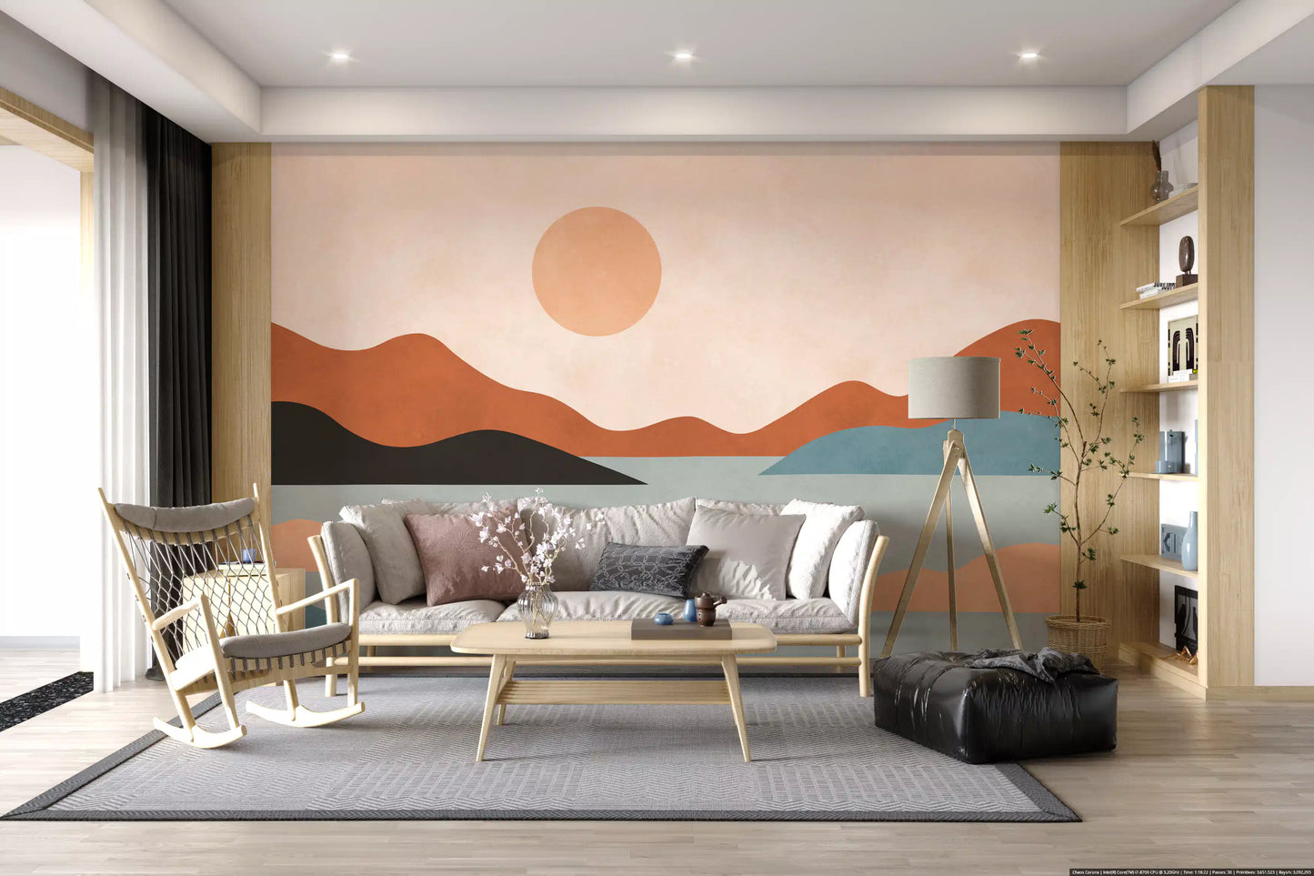 Wandbild mit erdigen Hügeln und sonnendurchfluteter Ruhe