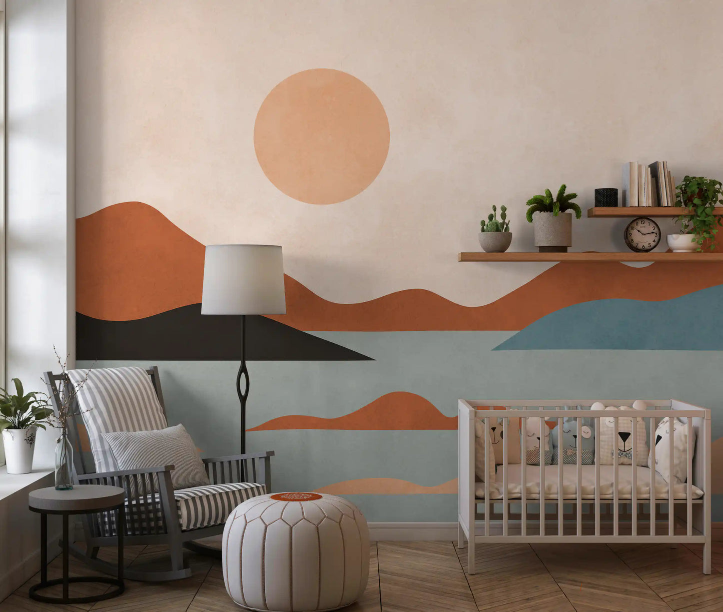 Wandbild mit erdigen Hügeln und sonnendurchfluteter Ruhe