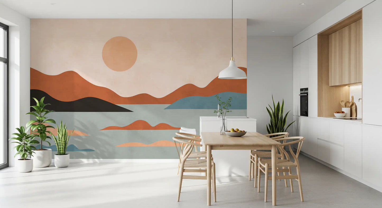 Wandbild mit erdigen Hügeln und sonnendurchfluteter Ruhe