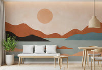 Wandbild mit erdigen Hügeln und sonnendurchfluteter Ruhe