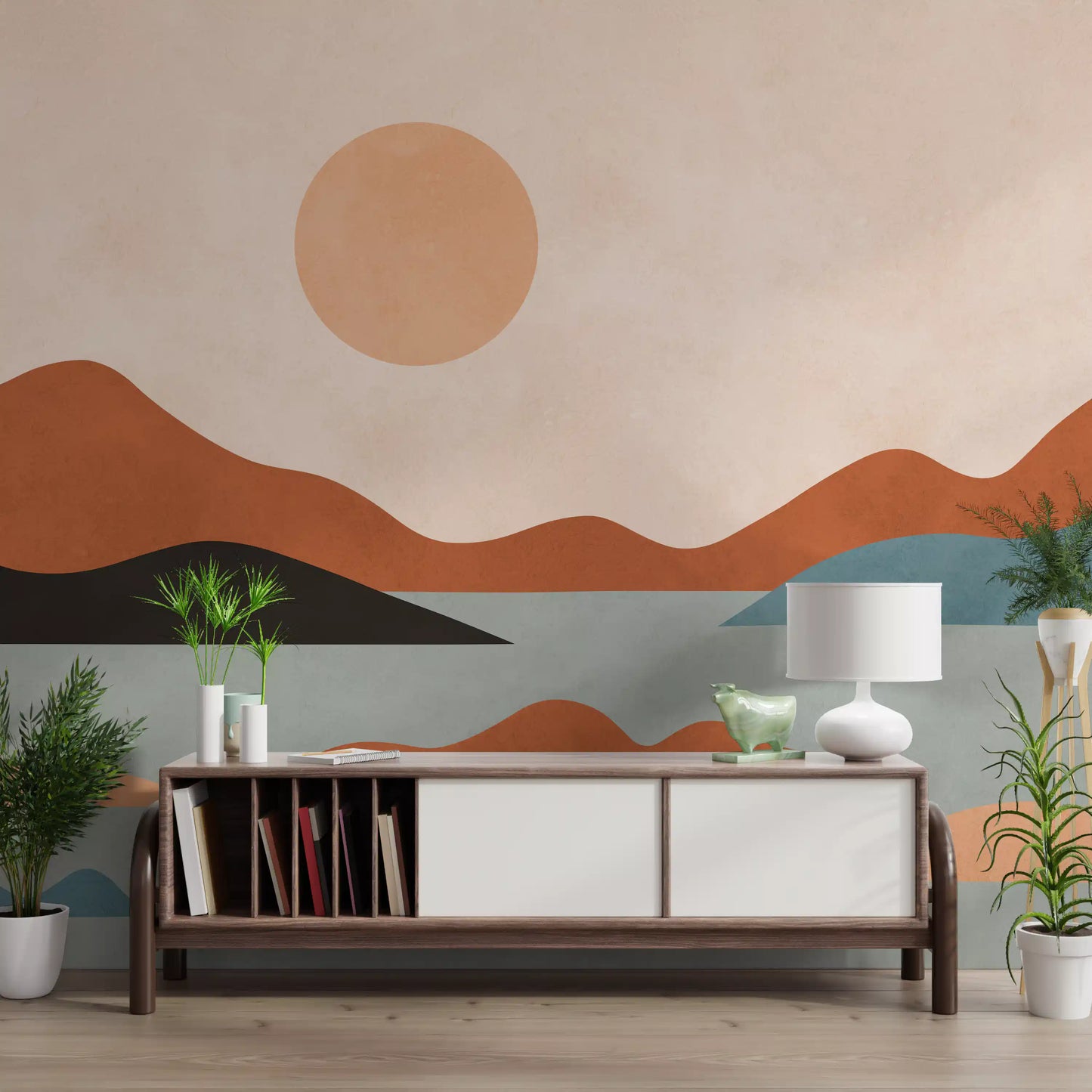 Wandbild mit erdigen Hügeln und sonnendurchfluteter Ruhe