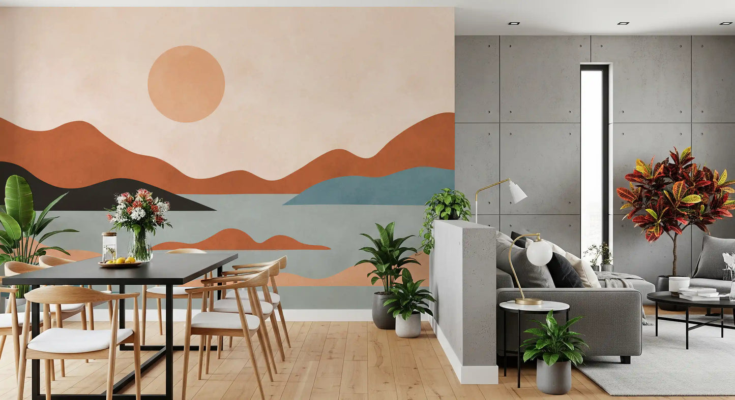 Wandbild mit erdigen Hügeln und sonnendurchfluteter Ruhe