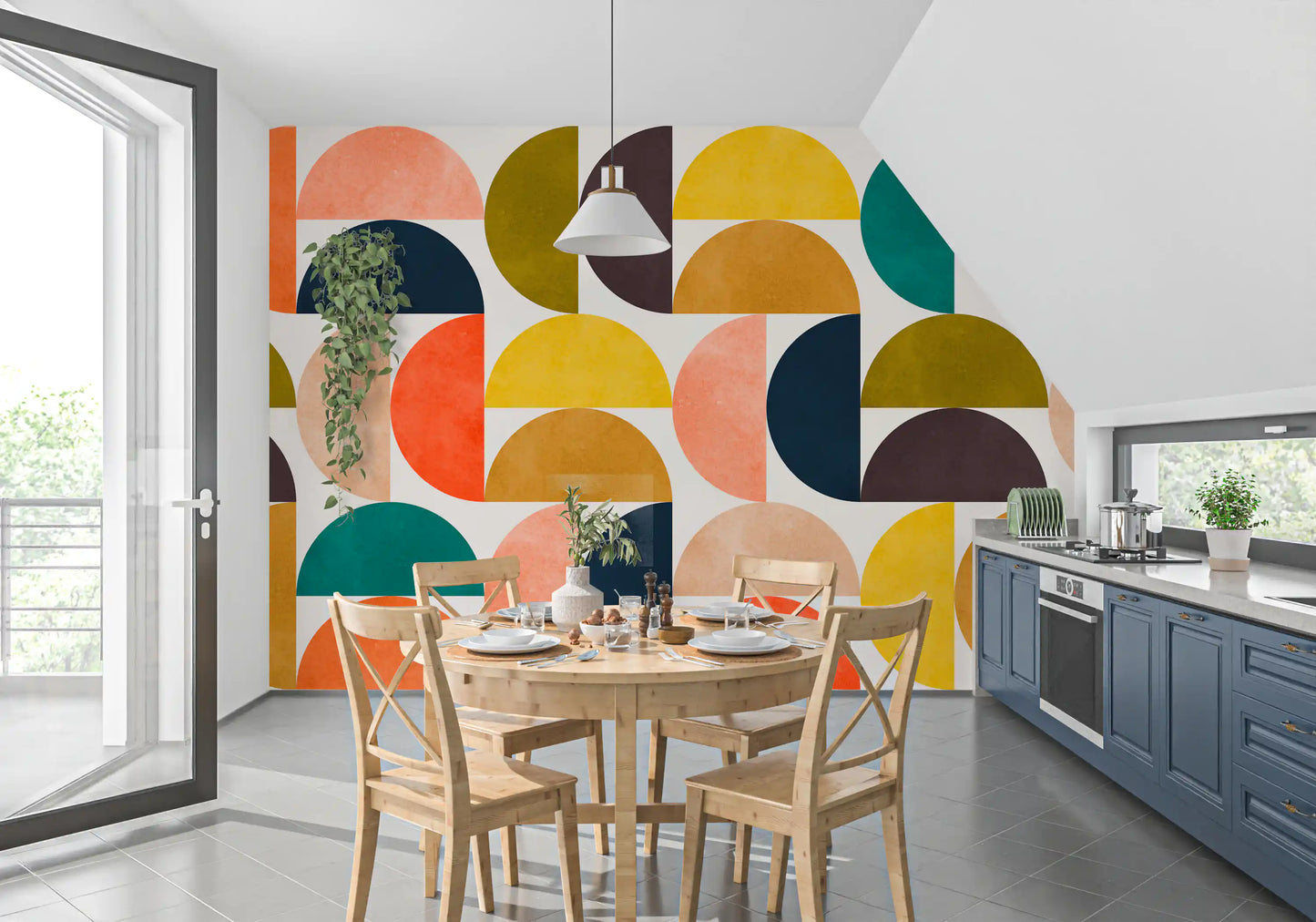 Murale da parete con forme astratte ad arco in stile Mid Century Modern