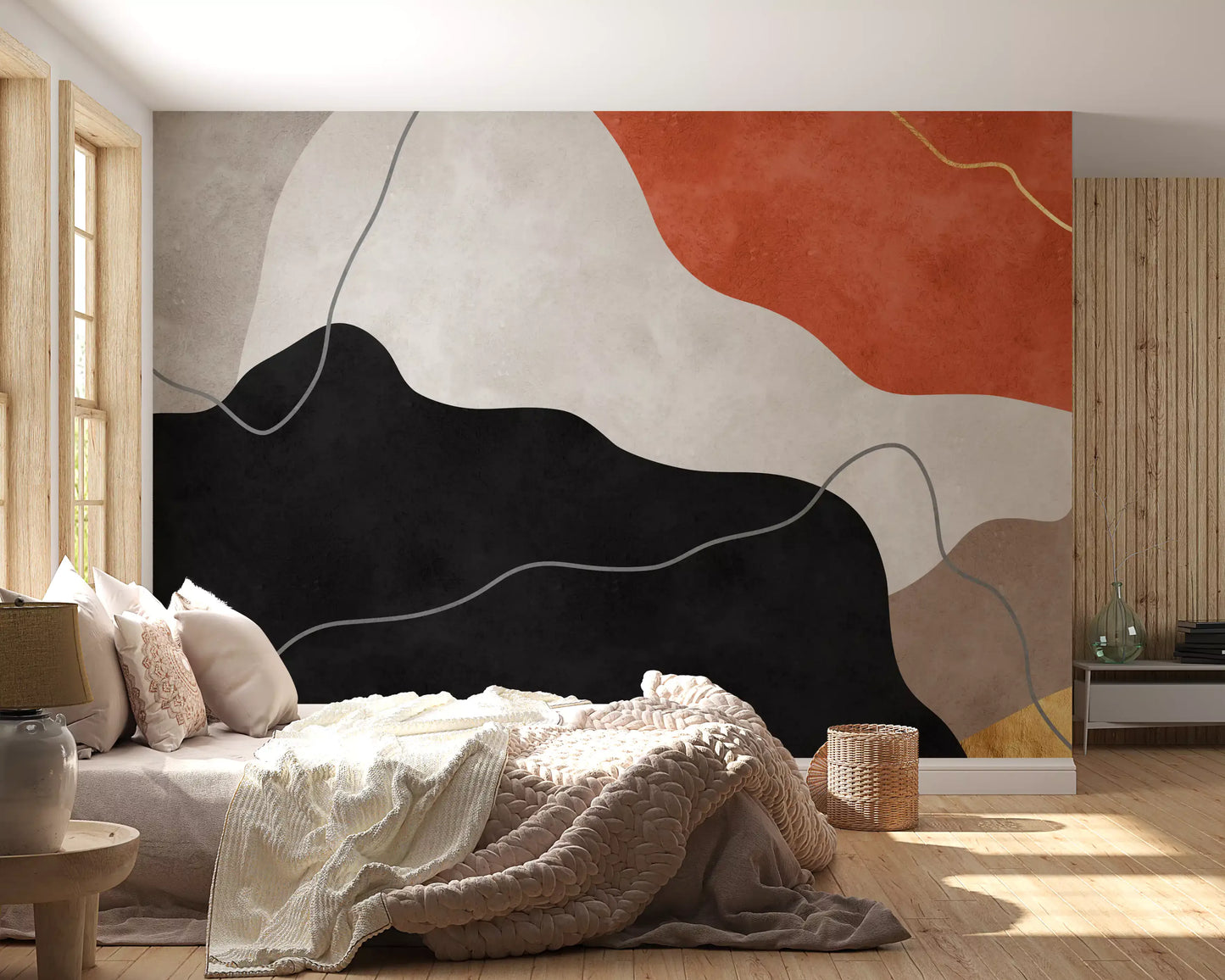 Fresque murale abstraite collines en terre cuite et charbon