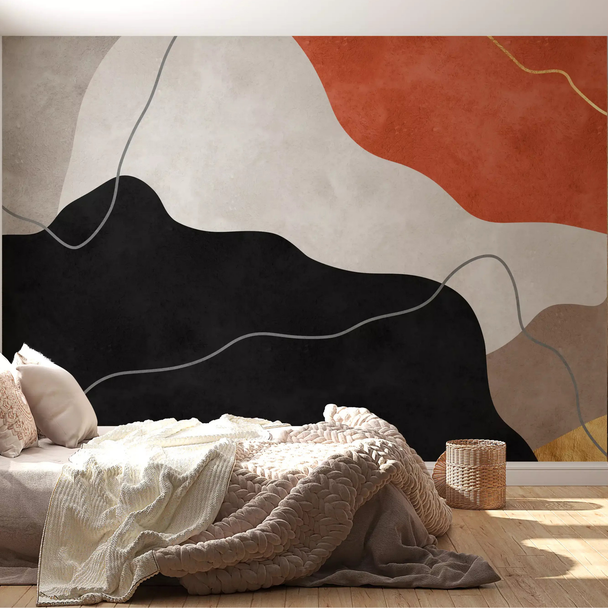 Charcoal and terracotta hills fill a Bedroom abstract wall mural GD11023
