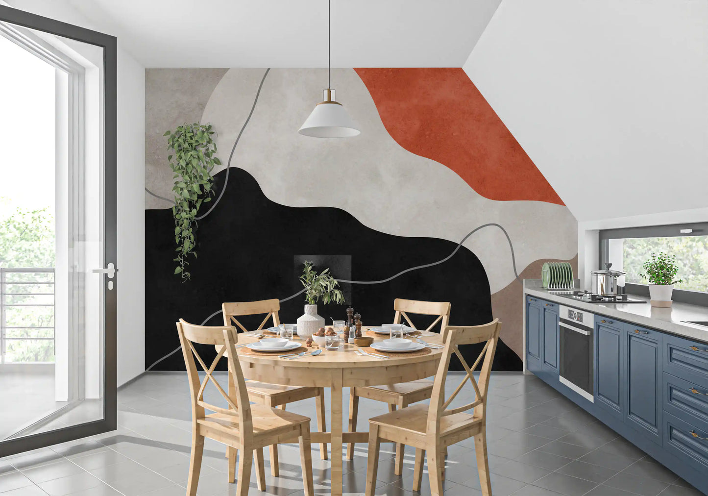 Fresque murale abstraite collines en terre cuite et charbon