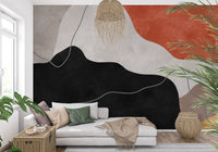 Fresque murale abstraite collines en terre cuite et charbon