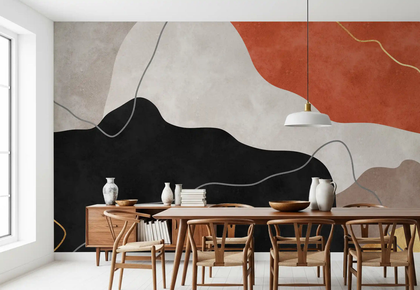 Fresque murale abstraite collines en terre cuite et charbon