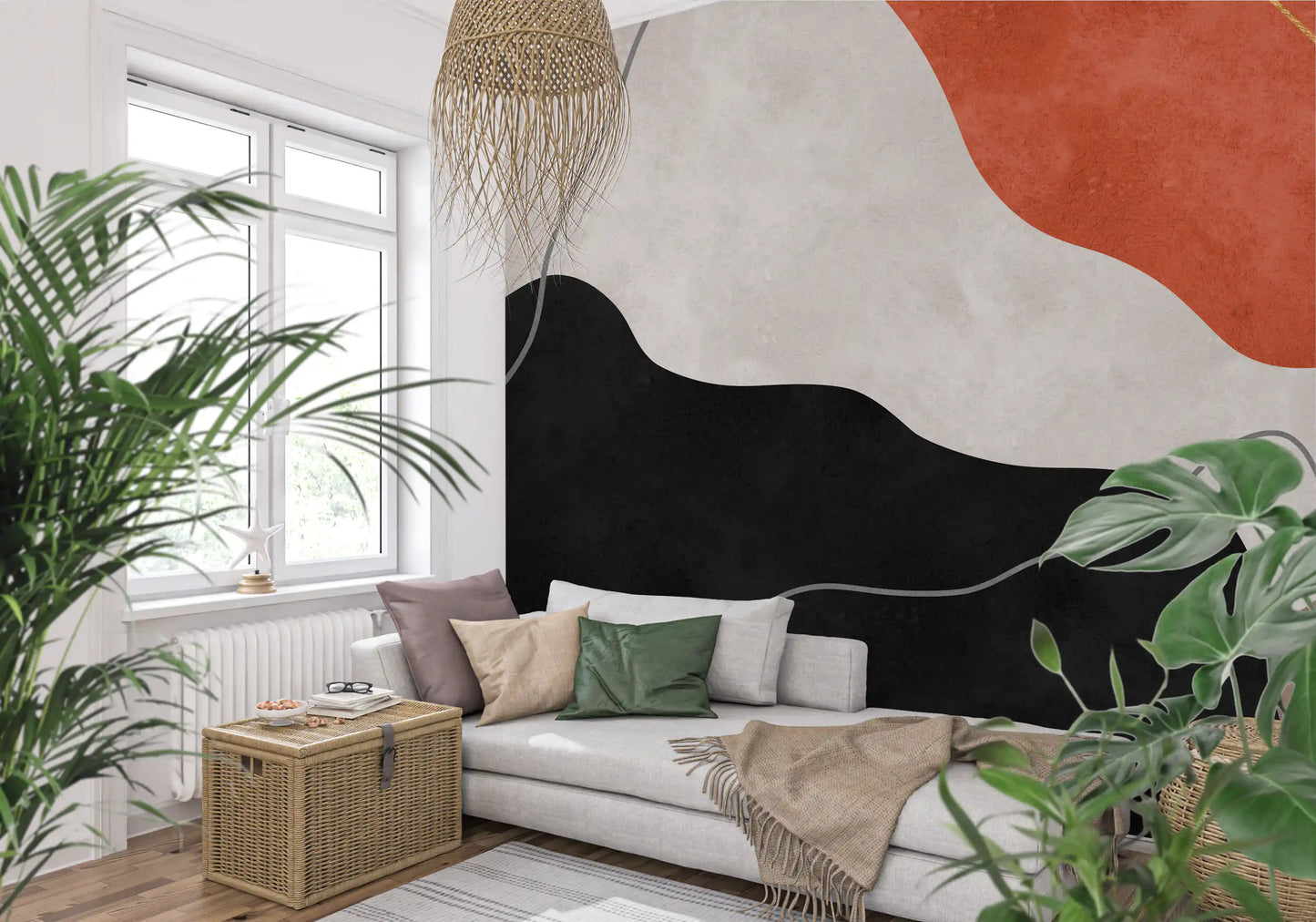 Fresque murale abstraite collines en terre cuite et charbon