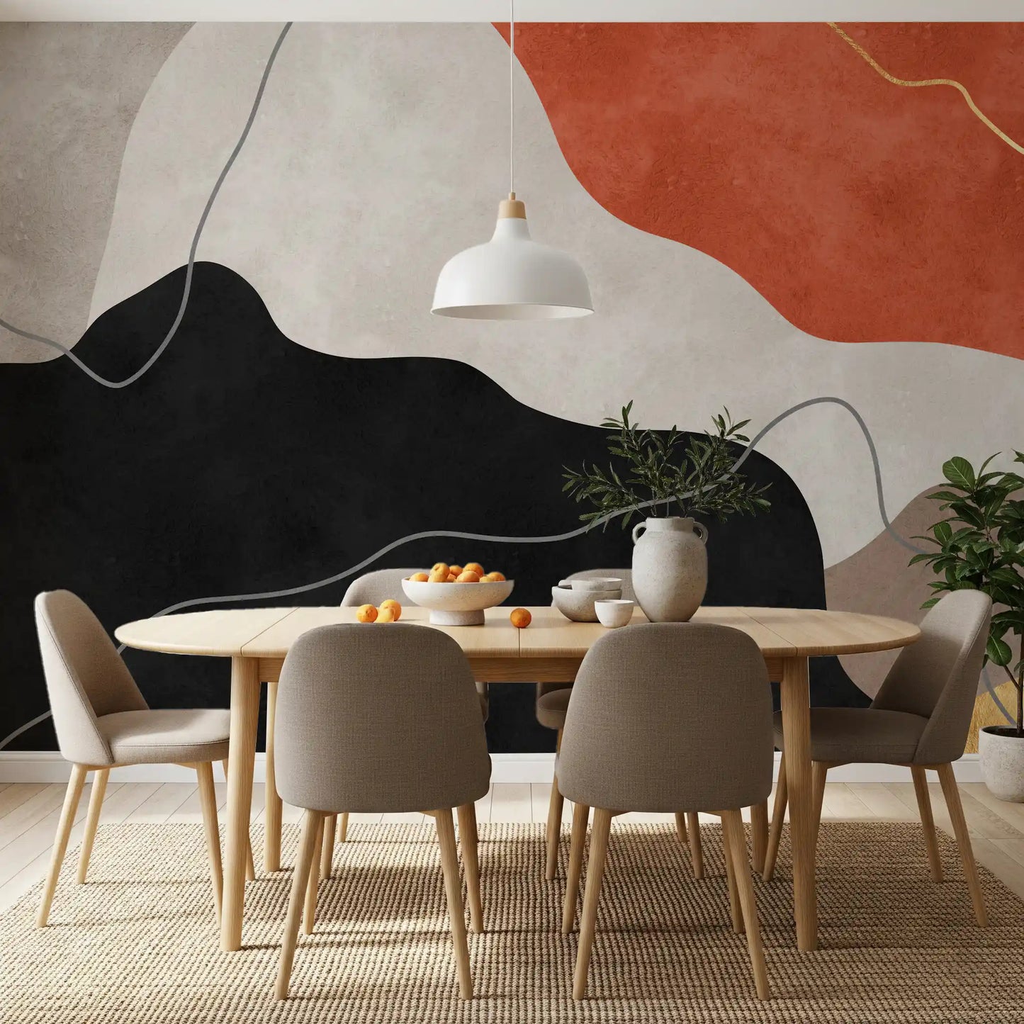 Fresque murale abstraite collines en terre cuite et charbon