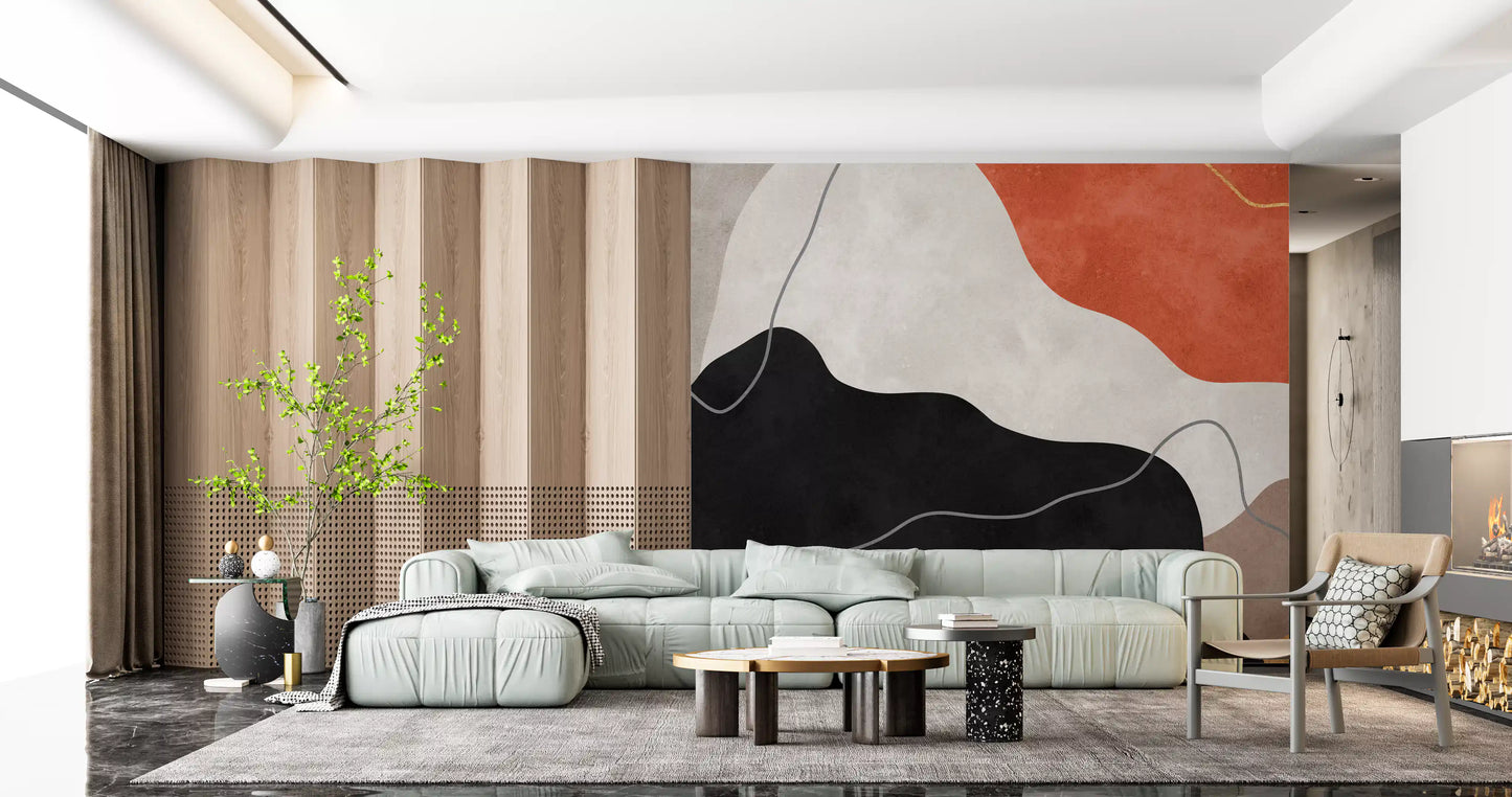 Fresque murale abstraite collines en terre cuite et charbon