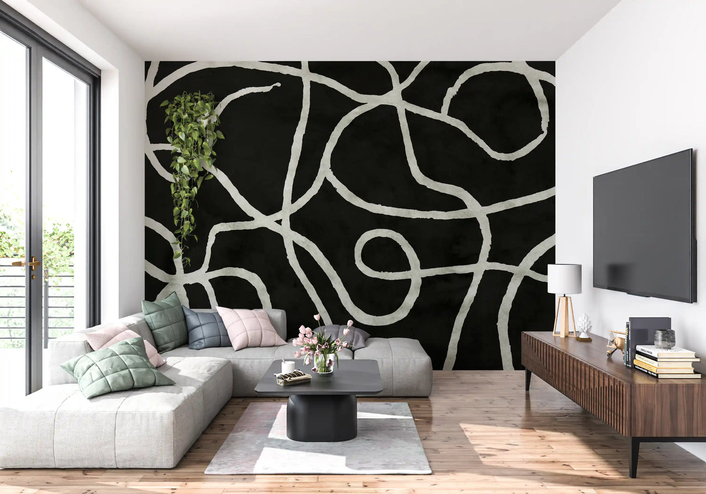 Murale da parete minimalista con linee organiche a inchiostro su carbone