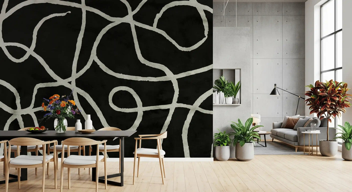Murale da parete minimalista con linee organiche a inchiostro su carbone